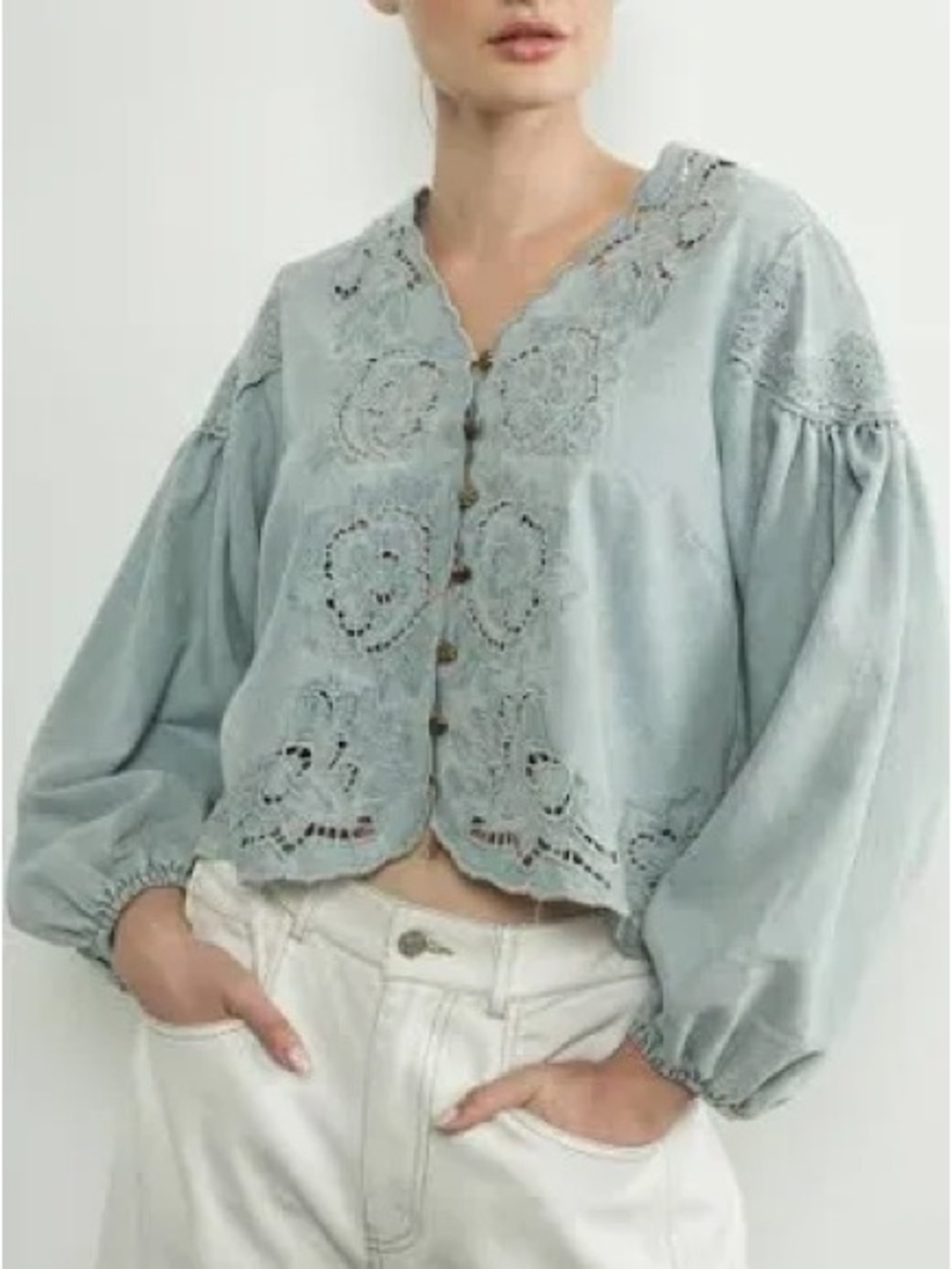 Aaron & Amber Light Blue Embroidered Button-Front Women’s Top